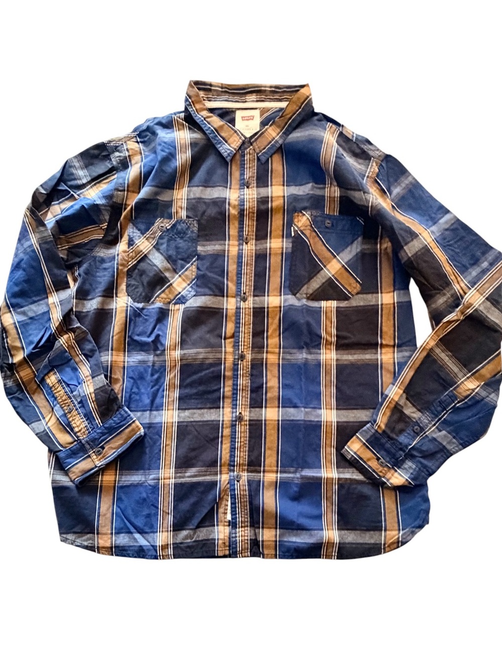 Levi’s Men’s Blue & Tan Plaid Button Up Shirt in Size 3XL